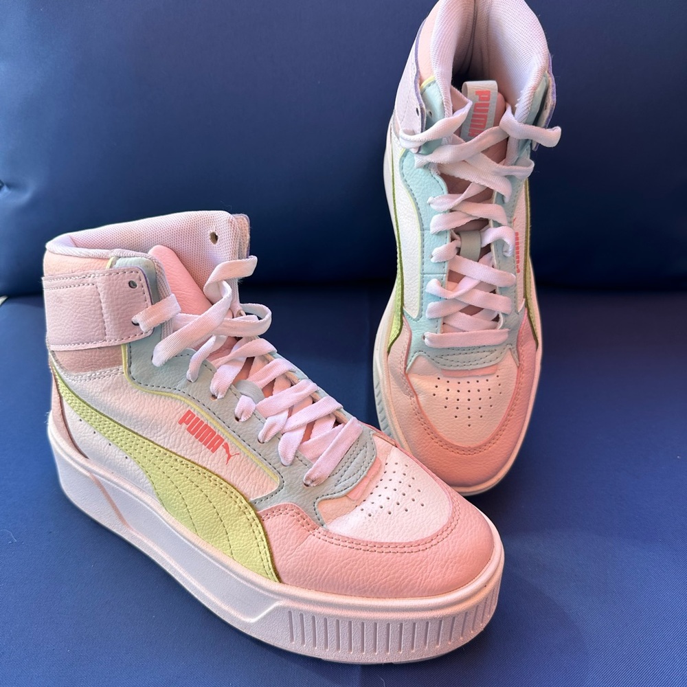 Puma Girls Pastel High-Top Sneakers - Pink and Green Size 3.5